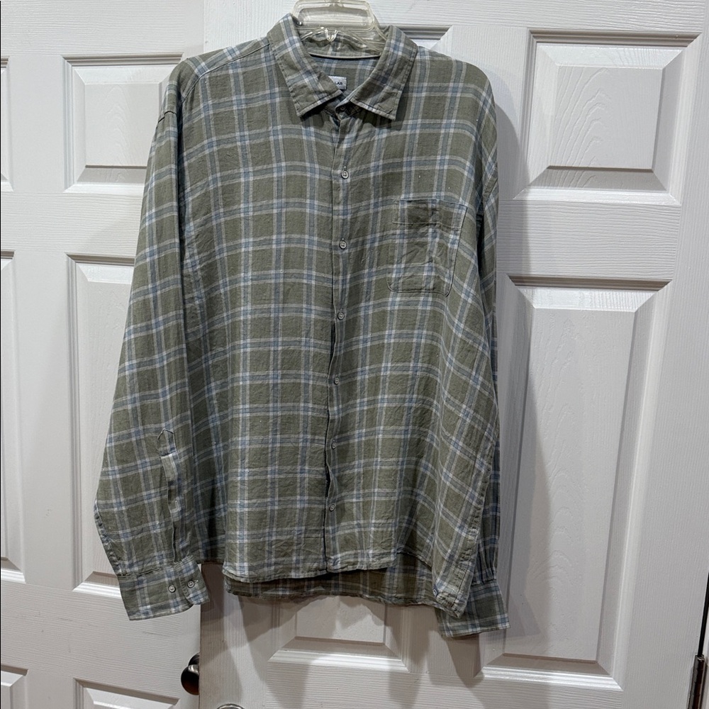 Peter Millar taupe and light blue/white windowpane button shirt.